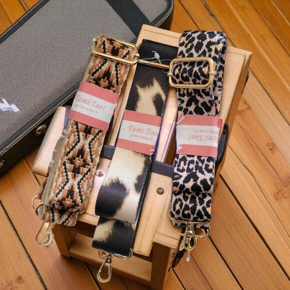 Set Of 3 Adjustable Tami Too Guitar Straps Leopard, Cow & Tribal Patterns - Picture 1 of 7